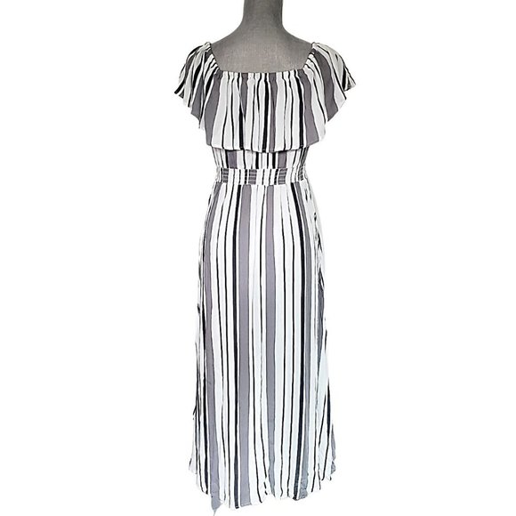 SOLD ! New Look Gray Striped Off Shoulder Casual Maxi Dress Size Small GUC - Picture 10 of 15